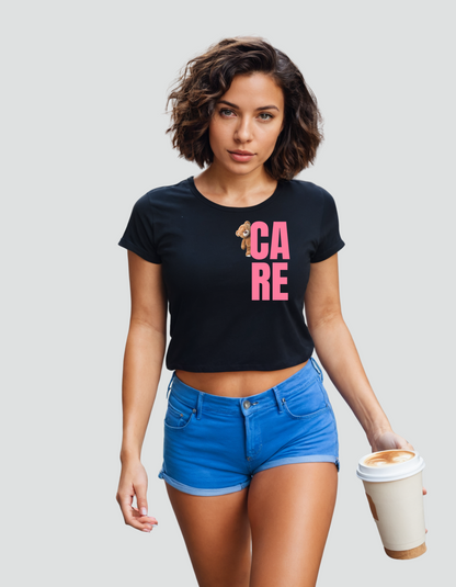 Cute Teddy bear with care on women's crop top