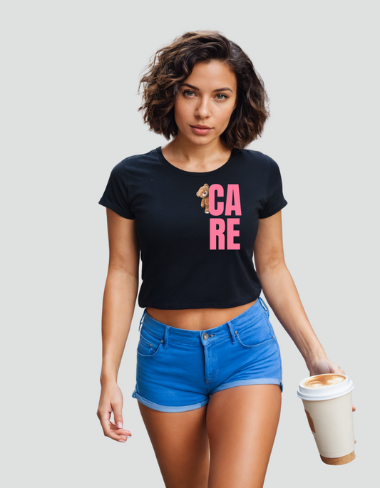 Cute Teddy bear with care on women's crop top